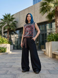 DAXUEN gray oversized caged portrait graphic tank top — model photo