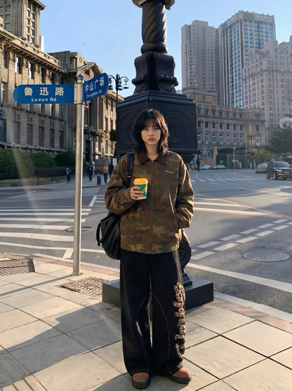 DAXUEN camouflage bomber jacket with corduroy collar — model photo