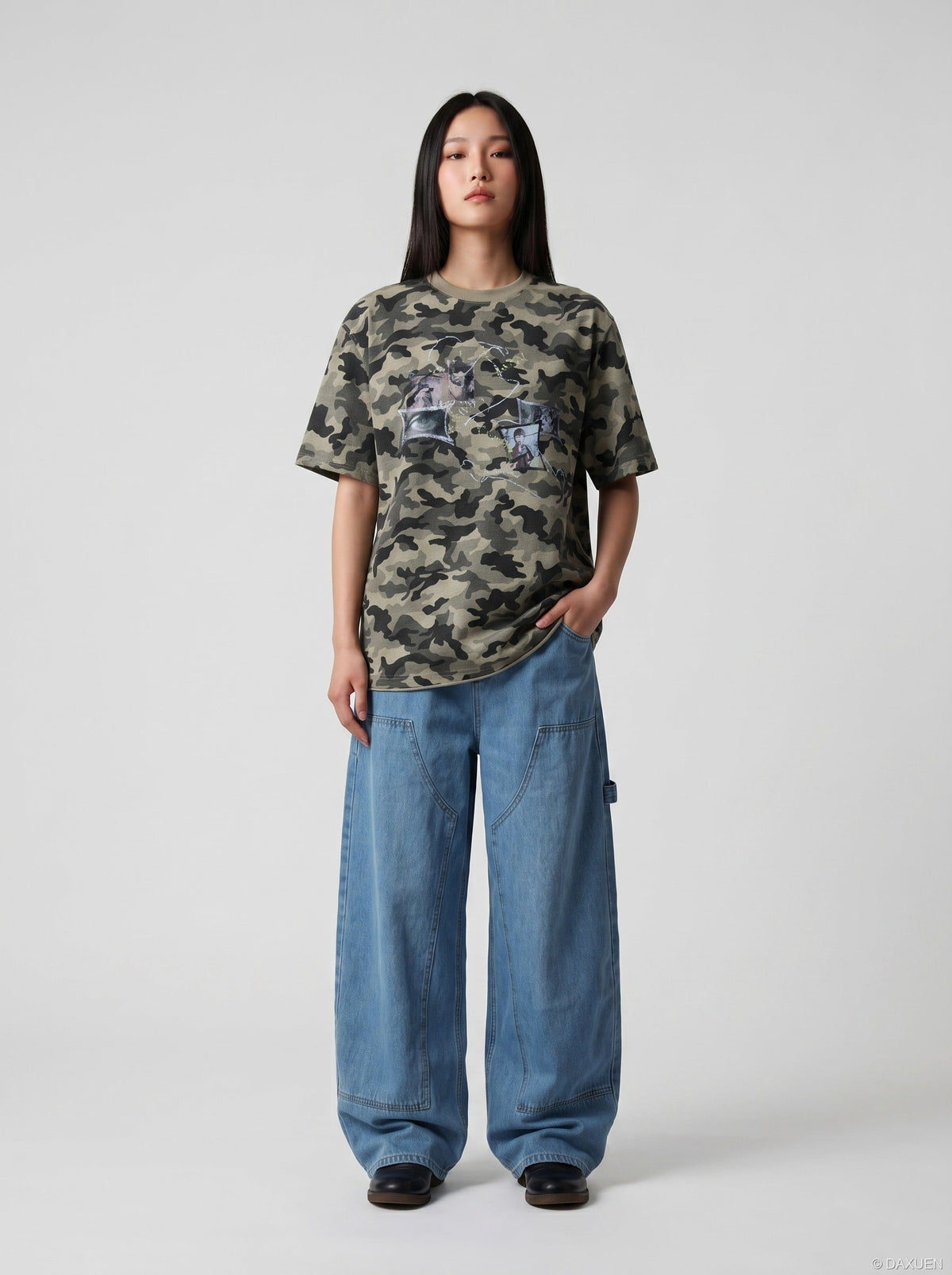 DAXUEN Camouflage graphic t-shirt with polaroid style print — model photo