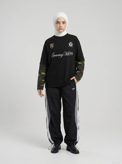 DAXUEN Long-sleeved crew-neck t-shirt with camouflage sleeves — model photo