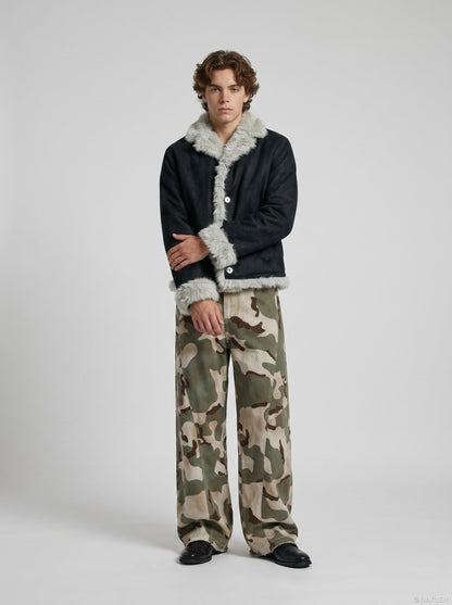 DAXUEN Wide-leg camouflage pants with textured fabric — model photo