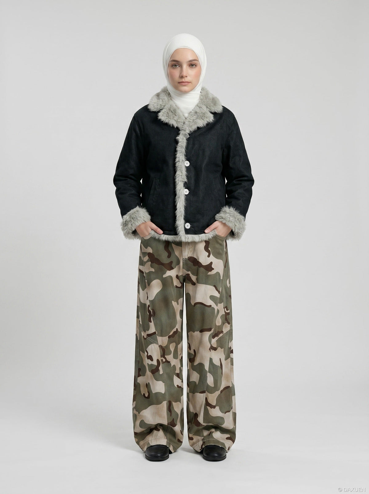 DAXUEN Wide-leg camouflage pants with textured fabric — model photo