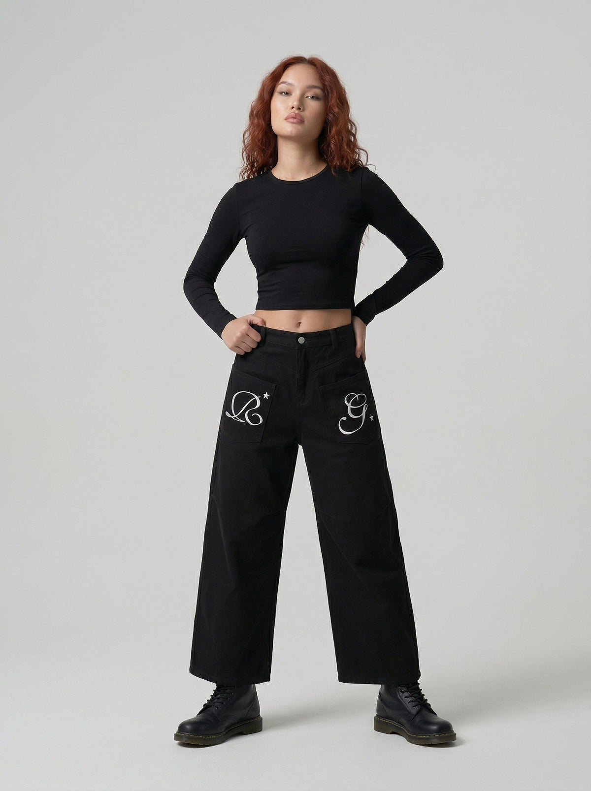 DAXUEN High-waisted wide-leg cropped cargo pants — model photo