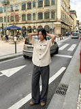 DAXUEN white cartoon animal button short-sleeve shirt — model photo