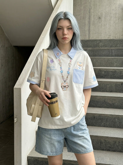 DAXUEN Short-sleeved polo shirt with cartoon bear design — model photo