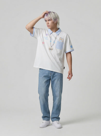 DAXUEN Short-sleeved polo shirt with cartoon bear design — model photo