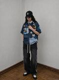 DAXUEN Cartoon Cat Embroidered Denim Shirt | DAXUEN — model photo