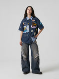 DAXUEN Cartoon Cat Embroidered Denim Shirt | DAXUEN — model photo