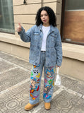 DAXUEN DAXUEN Cartoon Cat Graphic Wide-Leg Jeans — model photo
