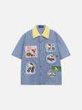 DAXUEN Short-sleeved plaid button-up shirt with cartoon cat patches