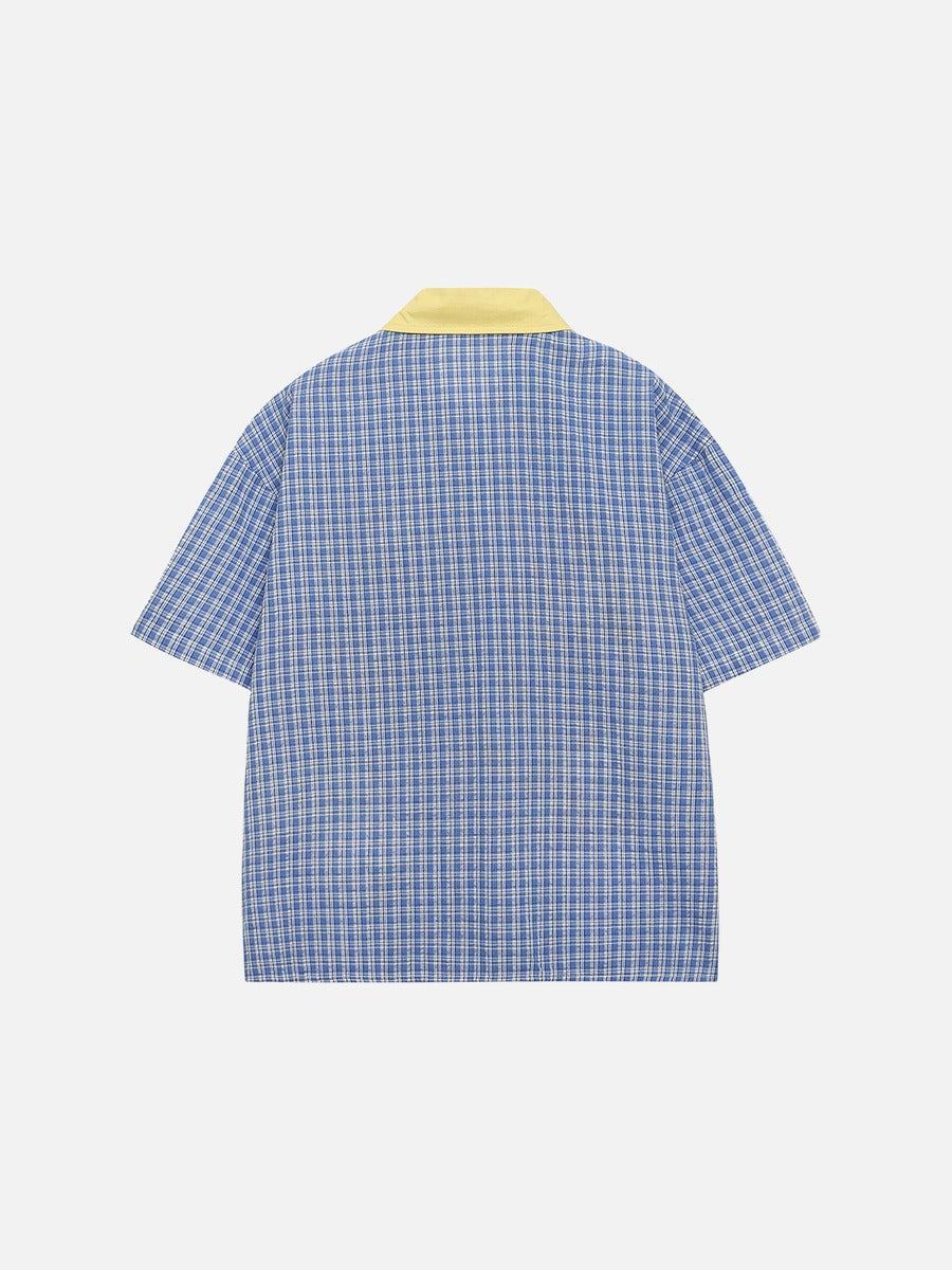DAXUEN Short-sleeved plaid button-up shirt with cartoon cat patches