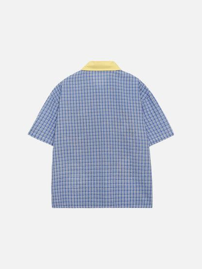 DAXUEN Short-sleeved plaid button-up shirt with cartoon cat patches