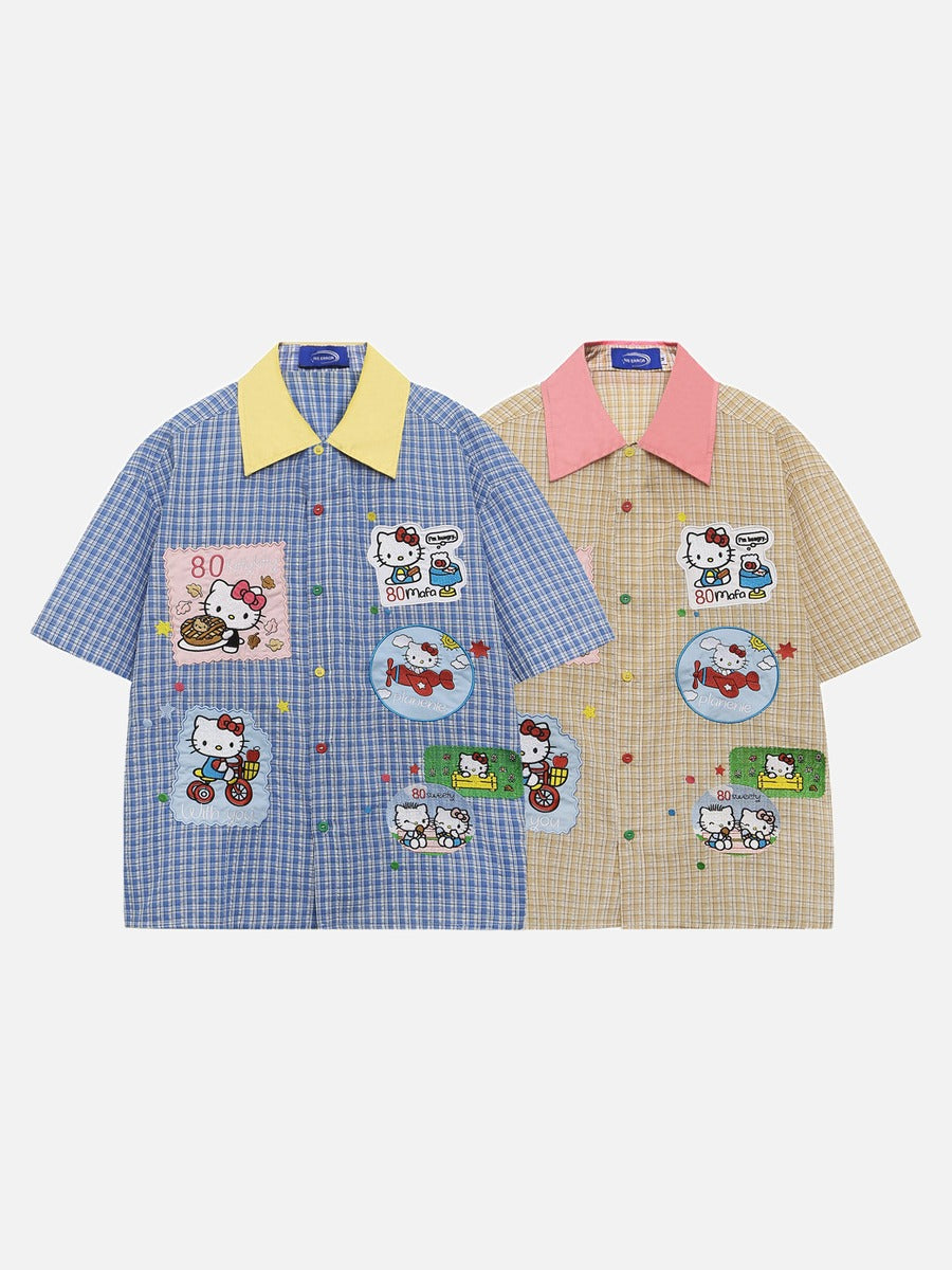 DAXUEN Short-sleeved plaid button-up shirt with cartoon cat patches