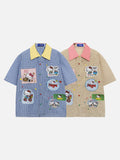 DAXUEN Short-sleeved plaid button-up shirt with cartoon cat patches