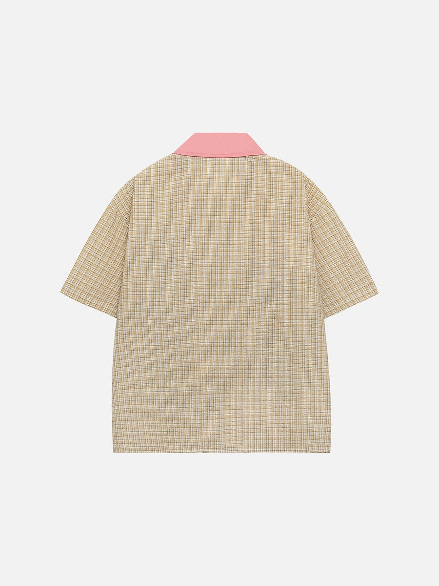 DAXUEN Short-sleeved plaid button-up shirt with cartoon cat patches