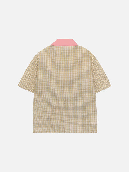 DAXUEN Short-sleeved plaid button-up shirt with cartoon cat patches