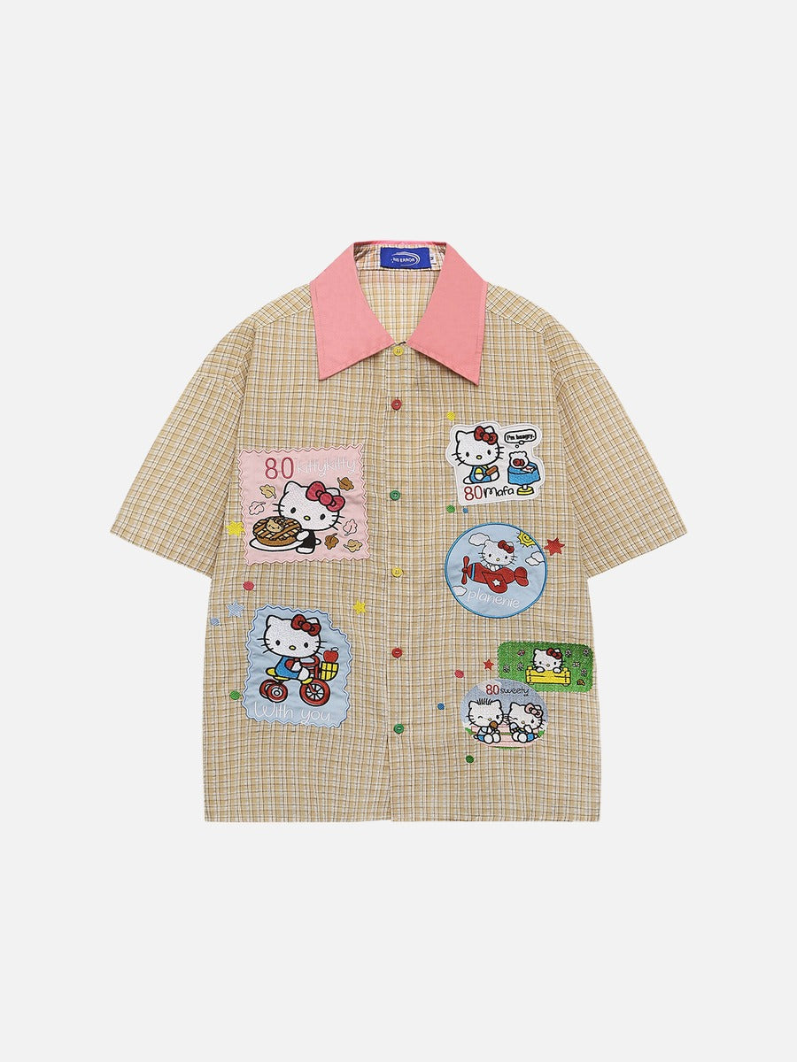 DAXUEN Short-sleeved plaid button-up shirt with cartoon cat patches