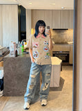 DAXUEN Short-sleeved plaid button-up shirt with cartoon cat patches — model photo