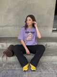 DAXUEN washed purple oversized cartoon dog graphic tee — model photo