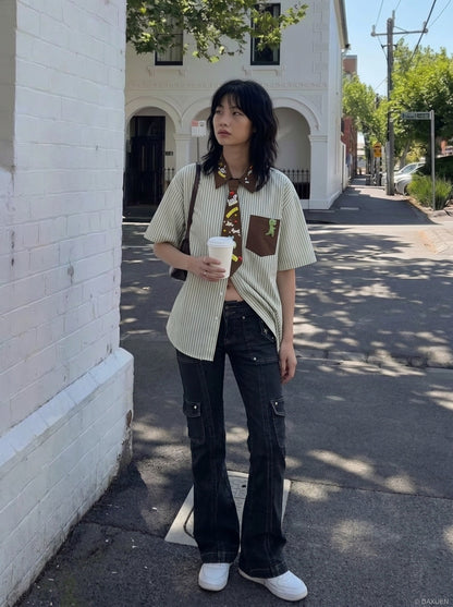 DAXUEN Cartoon Embroidered Oversized Button-Up Shirt | DAXUEN — model photo