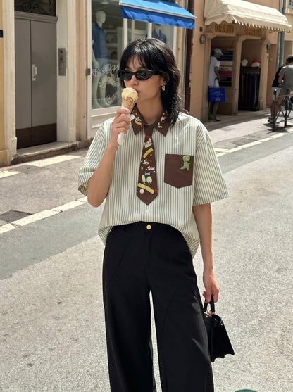 DAXUEN Cartoon Embroidered Oversized Button-Up Shirt | DAXUEN — model photo