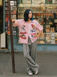 DAXUEN Short-sleeved button-up shirt with cartoon embroidery — model photo