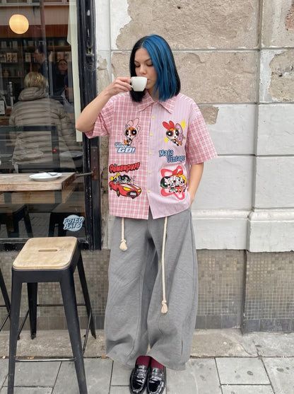DAXUEN Short-sleeved button-up shirt with cartoon embroidery — model photo