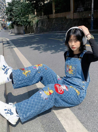 Cartoon Embroidered Wide-Leg Denim Overalls