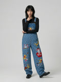 DAXUEN Wide-leg denim overalls with cartoon embroidery — model photo