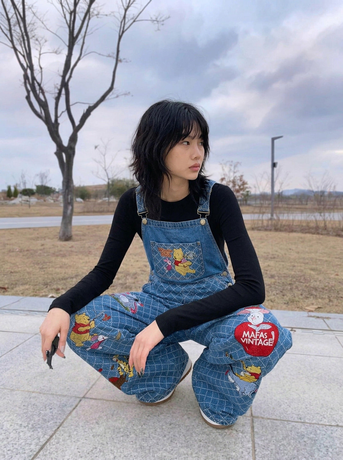DAXUEN Wide-leg denim overalls with cartoon embroidery — model photo