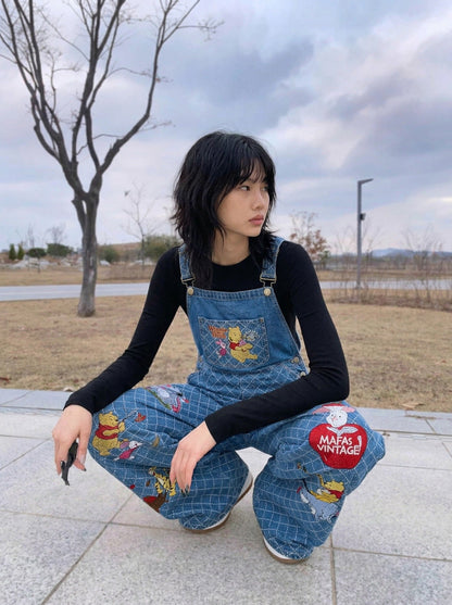 DAXUEN Wide-leg denim overalls with cartoon embroidery — model photo