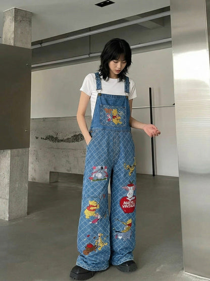 DAXUEN Wide-leg denim overalls with cartoon embroidery — model photo