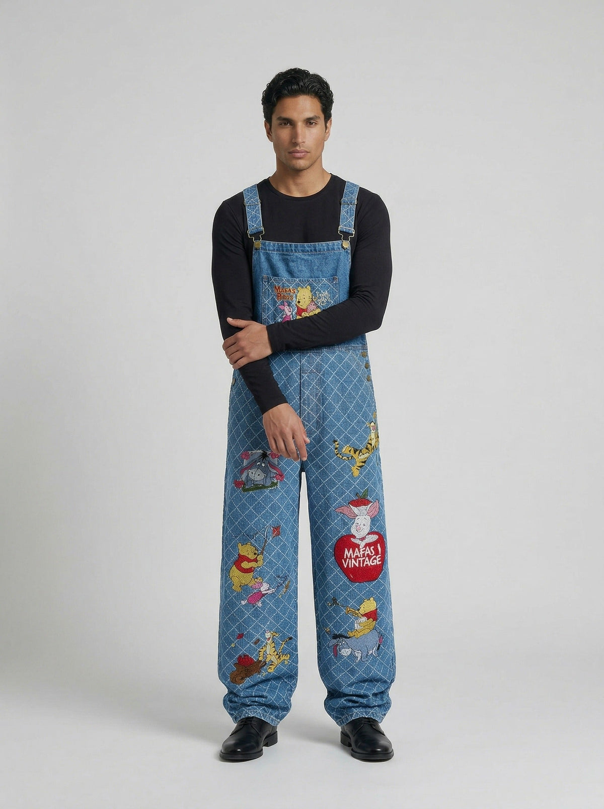 DAXUEN Wide-leg denim overalls with cartoon embroidery — model photo