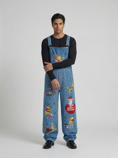 DAXUEN Wide-leg denim overalls with cartoon embroidery — model photo