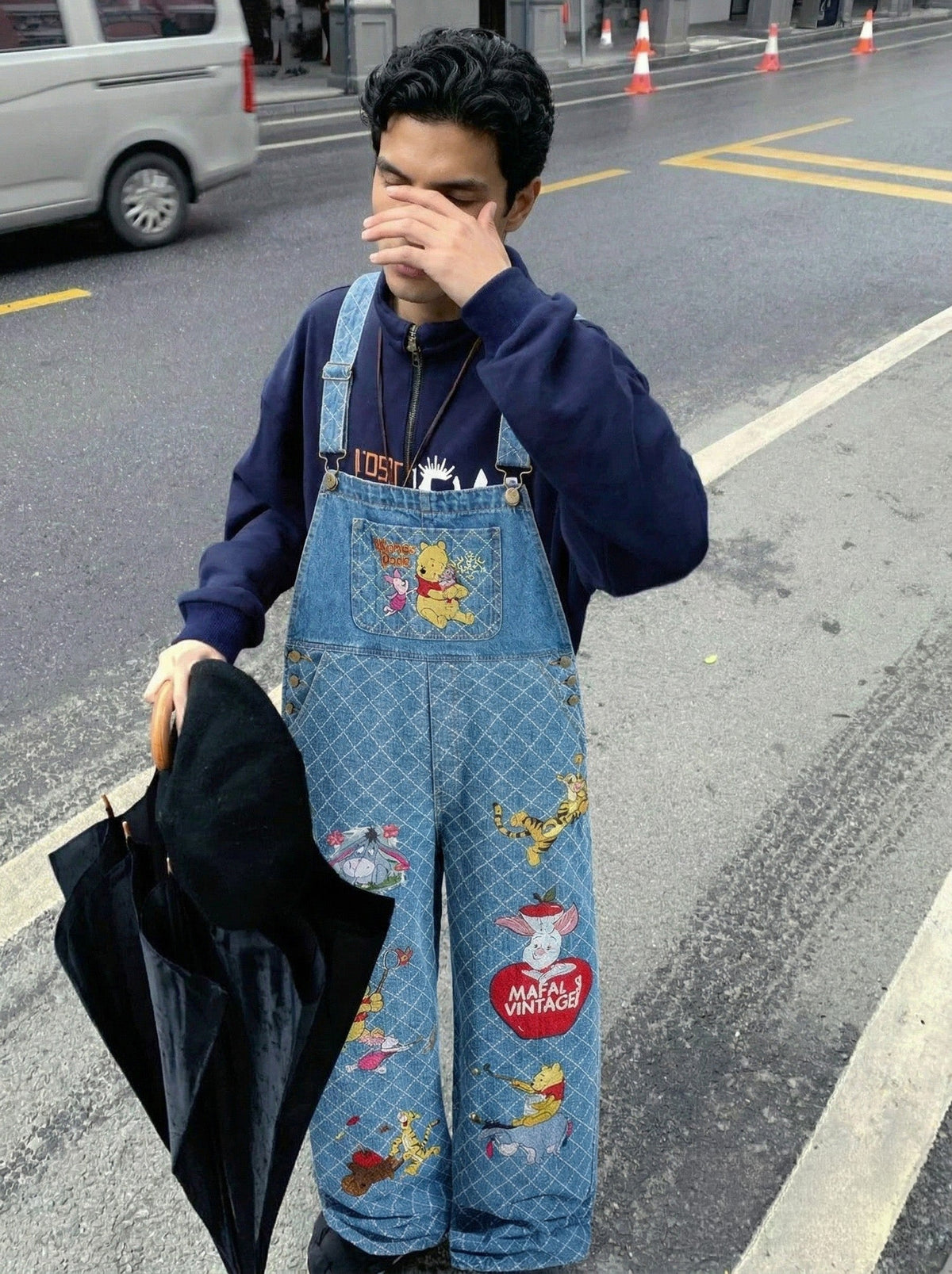Cartoon Embroidered Wide-Leg Denim Overalls