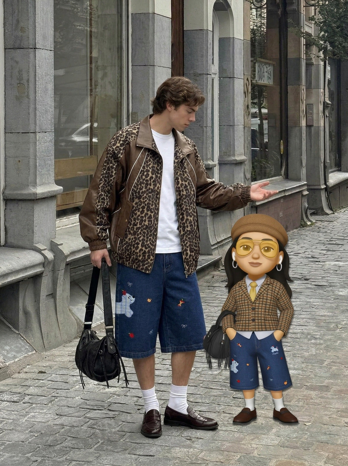 DAXUEN Wide-leg denim shorts with cartoon embroidery — model photo