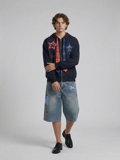 DAXUEN Wide-leg denim shorts with cartoon embroidery — model photo