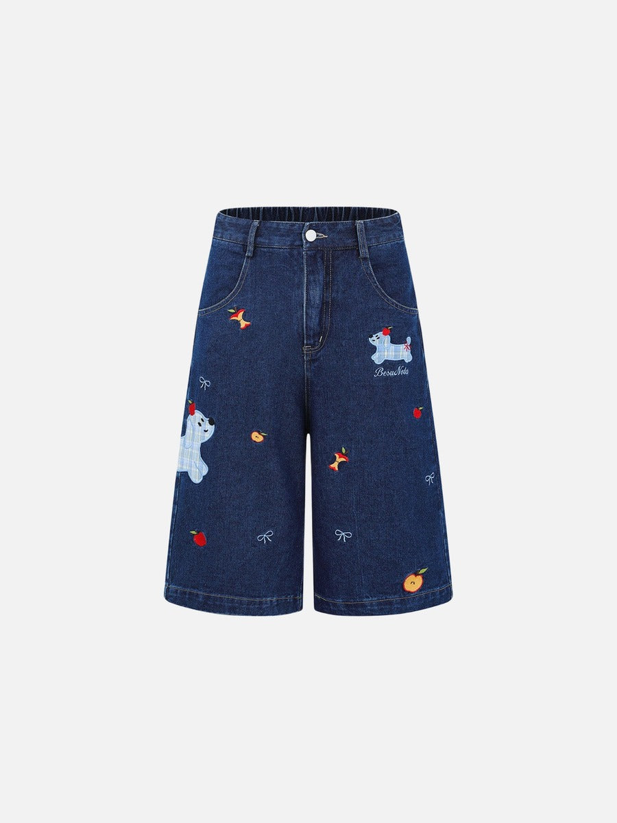 DAXUEN Wide-leg denim shorts with cartoon embroidery