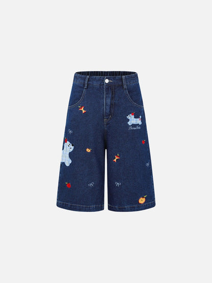 DAXUEN Wide-leg denim shorts with cartoon embroidery