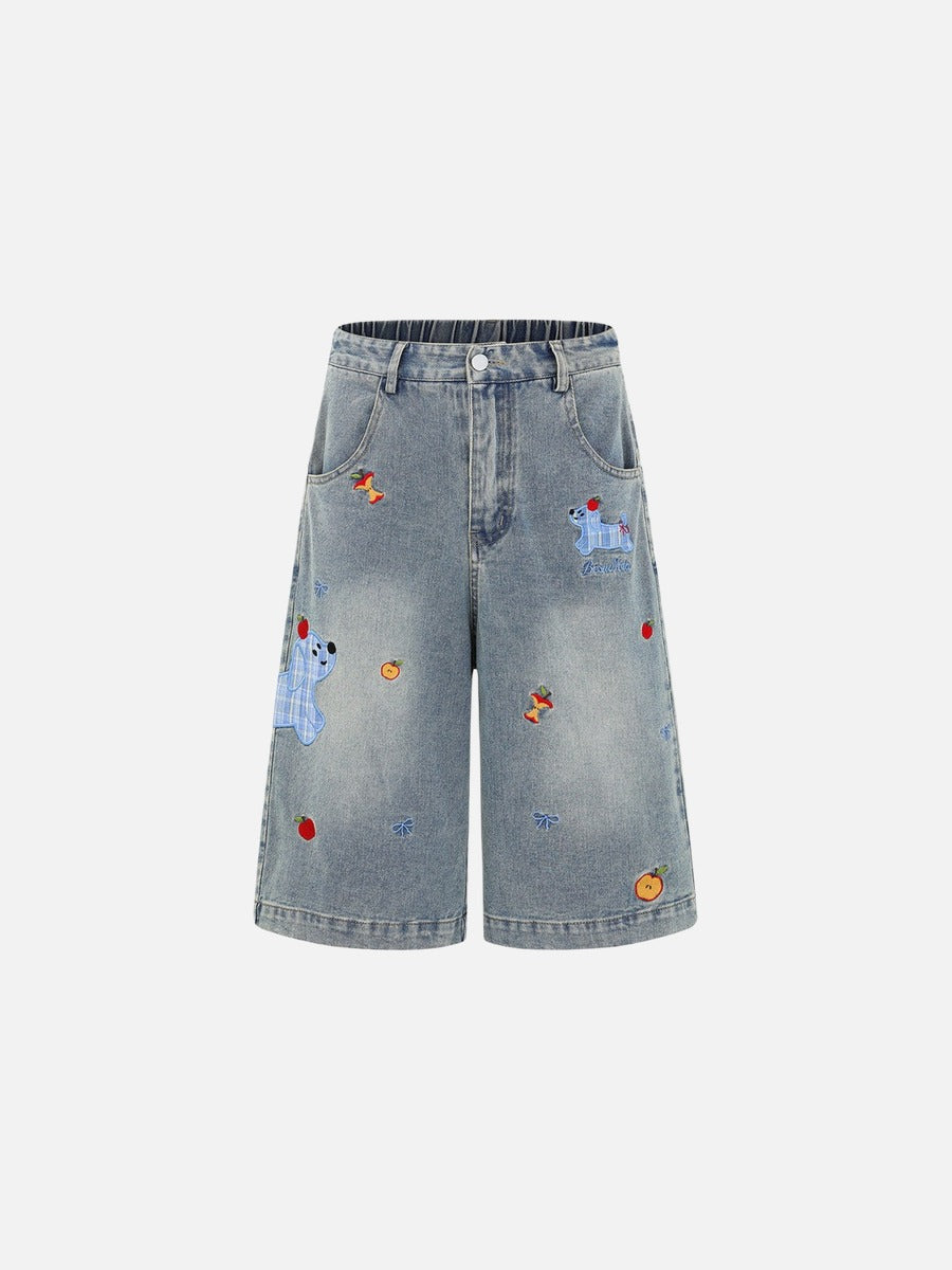 DAXUEN Wide-leg denim shorts with cartoon embroidery