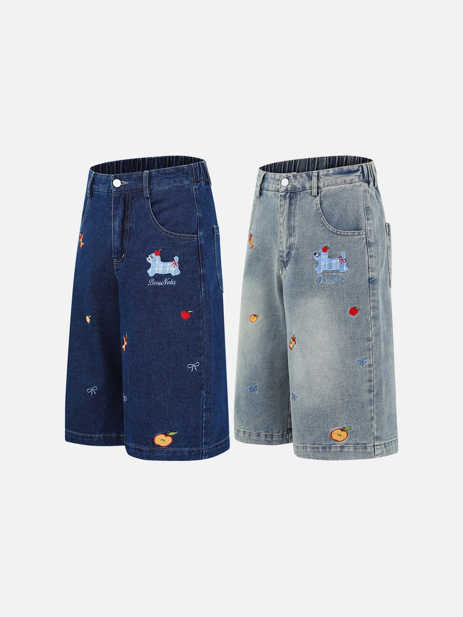 DAXUEN Wide-leg denim shorts with cartoon embroidery