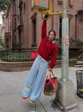 DAXUEN Striped wide leg lounge pants with cartoon embroidery — model photo