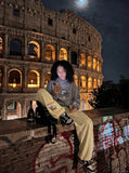 DAXUEN Striped wide leg lounge pants with cartoon embroidery — model photo