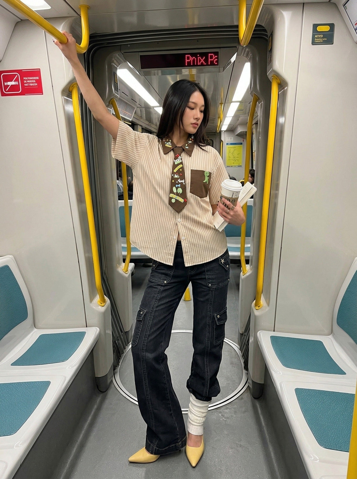 DAXUEN Short-sleeved button-up shirt with cartoon graphics — model photo