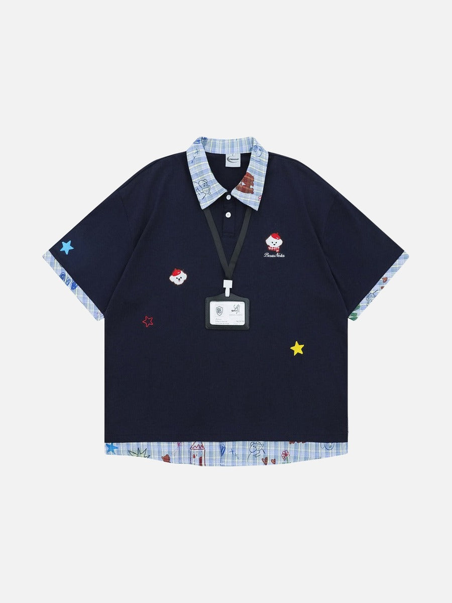 DAXUEN Layered polo shirt with cartoon graphics and plaid accents