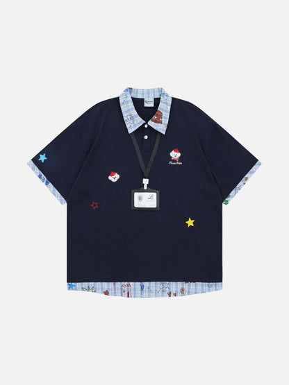 DAXUEN Layered polo shirt with cartoon graphics and plaid accents