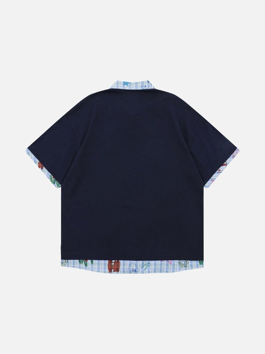 DAXUEN Layered polo shirt with cartoon graphics and plaid accents