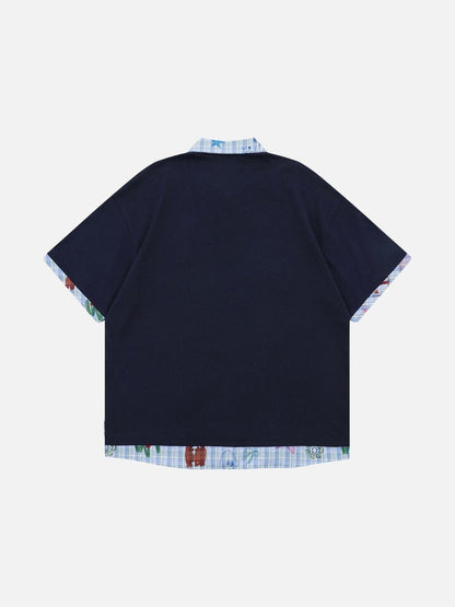 DAXUEN Layered polo shirt with cartoon graphics and plaid accents