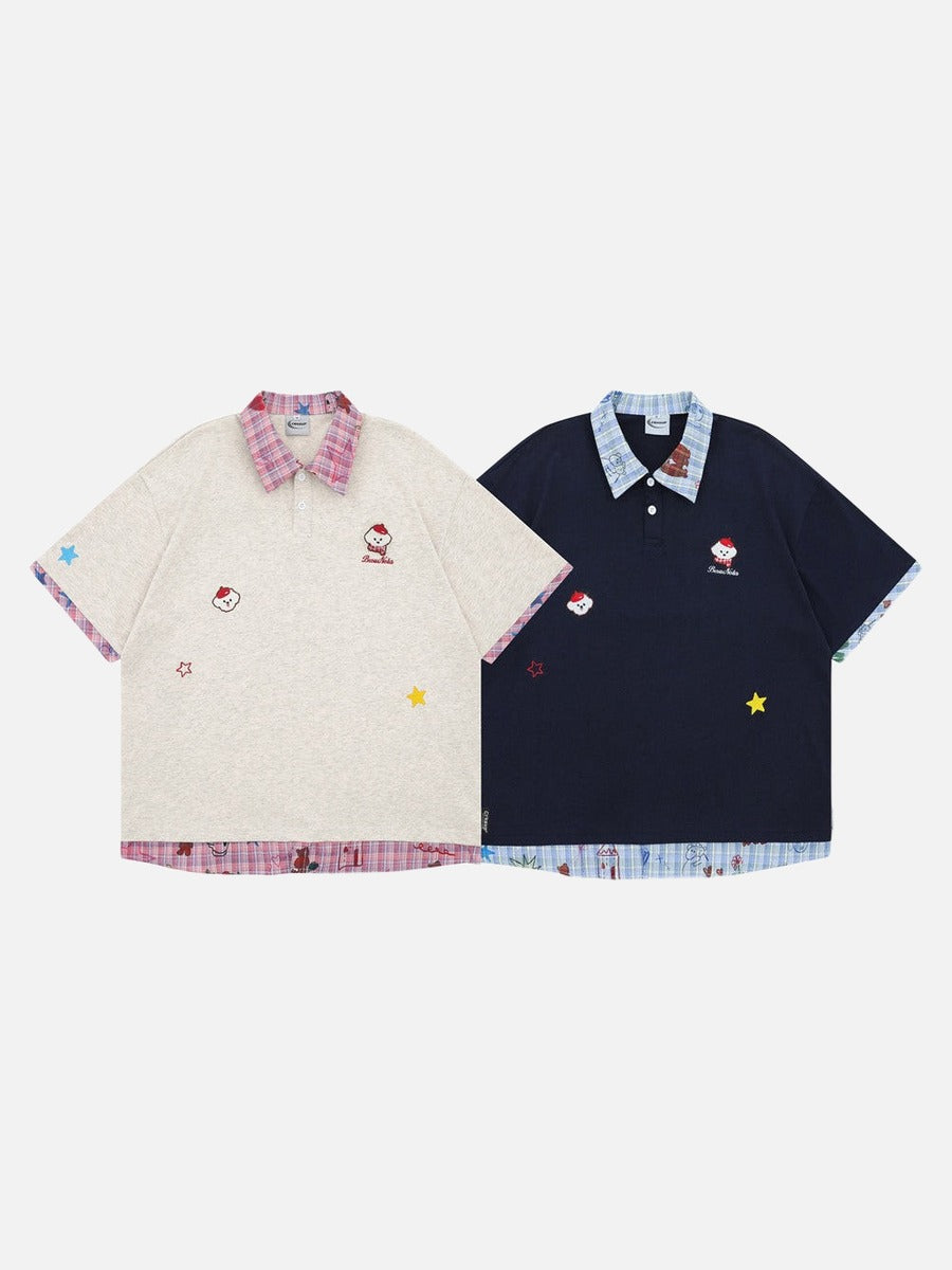 DAXUEN Layered polo shirt with cartoon graphics and plaid accents