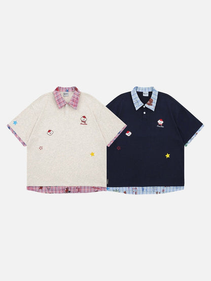 DAXUEN Layered polo shirt with cartoon graphics and plaid accents
